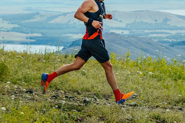 Male Runner Running Marathon Trail Race Background Mountains Lake Summer — Stock Photo, Image