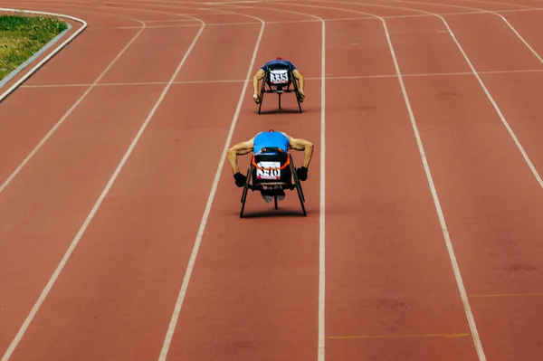 Two Athletes Wheelchair Racing Race Track Stadium Para Athletics Championship — Stock Photo, Image