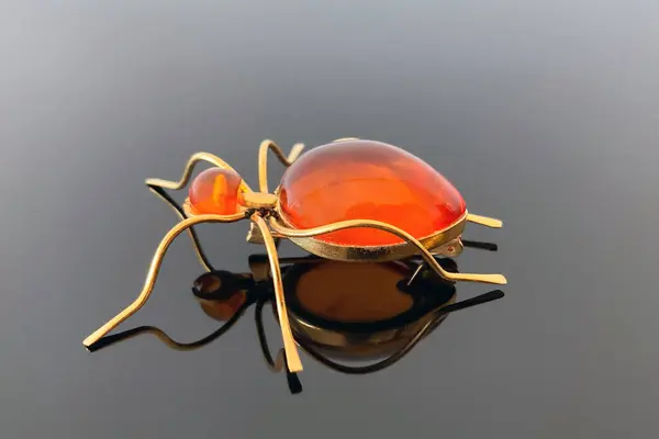 Vintage Brooch Ant Amber Brass Made Ussr Dark Glossy Background — Stock Photo, Image