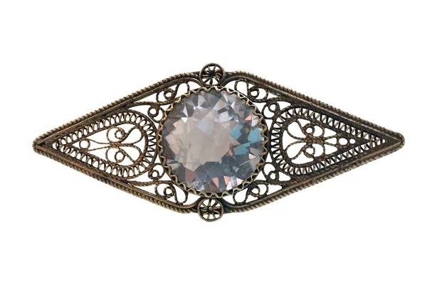 Vintage Silver Filigree Brooch Quartz Made Ussr 1954 Isolated White — Stock Photo, Image