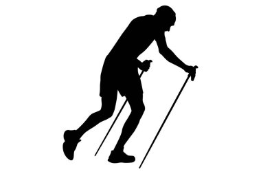 Erkek sporcu zor yokuş yukarı tırmanıyor yürüyüş direkleri hava akışı yarışması, beyaz arkaplanda siyah siluet vektör çizimi