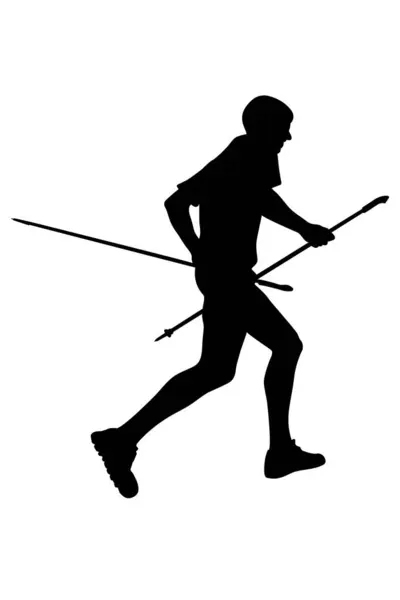 带远足杆子的黑色侧影男性跑步者 — 图库矢量图片