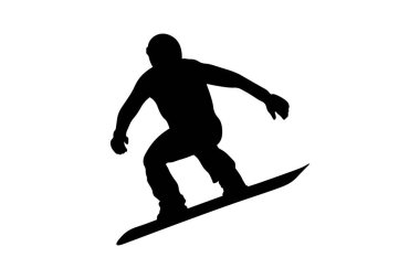 Siyah siluet erkek snowboardcu atlayışı ve uçuş snowboard yarışması, yan görüş, beyaz arka planda spor vektör illüstrasyonu