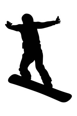 Siyah siluet snowboardcu atlayışı ve uçuş snowboard yarışması, yan görüş, elleriyle dengeleme, beyaz arka planda spor vektörü çizimi
