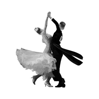 Balo dansında çokgen spor çifti dansçıları, beyaz arka planda gri vektörü gölgeler