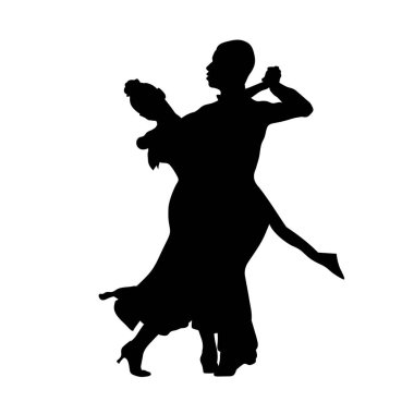 Çift dansçı spor dansı yarışması, beyaz arkaplanda siyah siluet, vektör illüstrasyonu
