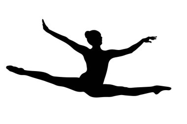 Kadın jimnastikçi, ritmik jimnastikte yarışmak için atlıyor, beyaz arka planda siyah siluet, vektör illüstrasyonu