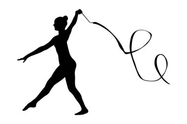 Elindeki kurdeleyle kadın jimnastikçi ritmik jimnastik, beyaz arka planda siyah siluet, vektör çizimi