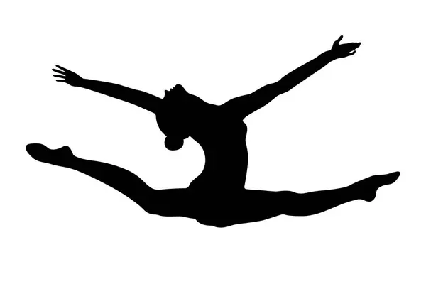 Split Språng Motion Kvinna Gymnast Rytmisk Gymnastik Svart Siluett Vit — Stock vektor