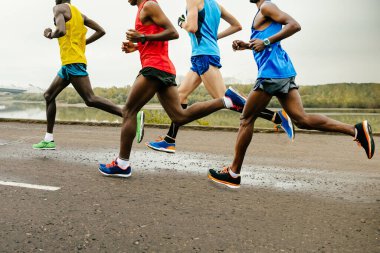 Önde gelen grup koşucuları parlak spor kıyafetleri giyip sakin nehir boyunca yarışırlar, yaz maratonu