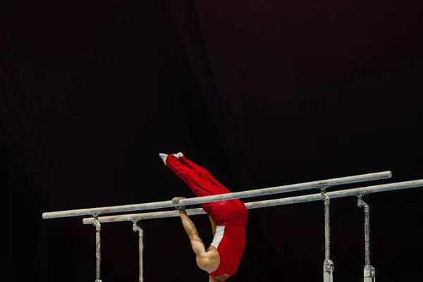 stock image gymnast exercise parallel bars in championship gymnastics, element zhou shixioug