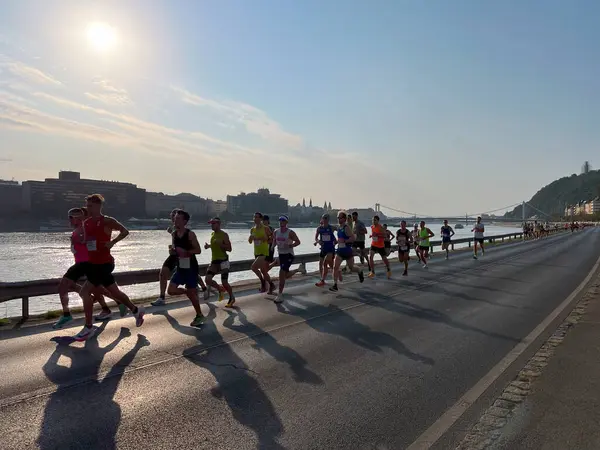 Budapeşte, Macaristan - 08 Eylül 2024: Wizz Air maratonu sırasında grup sporcuları