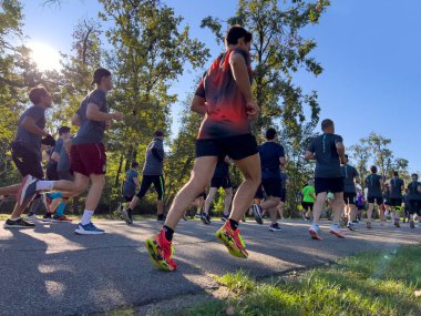 Monza, İtalya - 15 Eylül 2024: Monza21 yarı maratonu sırasında grup sporcuları