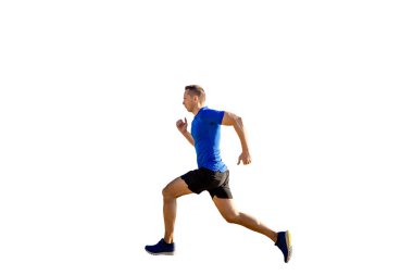 Beyaz arka planda yalıtılmış koşan yan görüş atletik adam
