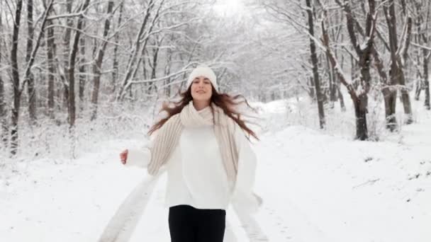 Widok Przodu Młoda Atrakcyjna Kobieta Działa Parku Zimowym Ciesząc Się — Wideo stockowe