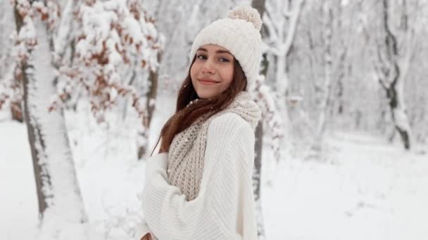 Portret Młoda Urocza Atrakcyjna Dziewczyna Spacerująca Zimowym Parku Bawiąca Się — Wideo stockowe