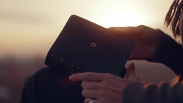 Close Woman Opens Bible Flips Pages Girl Reads Bible Open — Videoclip de stoc