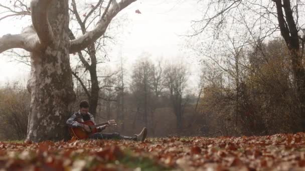 Молодой Человек Играет Гитаре Один Прислонившись Дереву Улице Осенний Пейзаж — стоковое видео