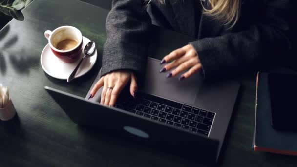 Γυναικεία Χέρια Επαγγελματία Εργαζόμενη Γυναίκα Δακτυλογράφηση Πληκτρολόγιο Laptop Κάθεται Στο — Αρχείο Βίντεο