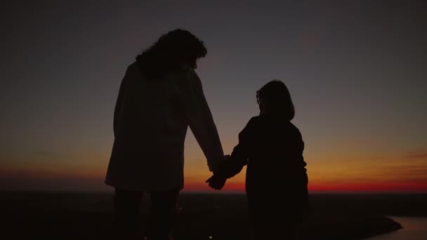 Σιλουέτα Μητέρας Και Κόρης Στο Φόντο Του Ουρανού Βράδυ Μετά — Αρχείο Βίντεο