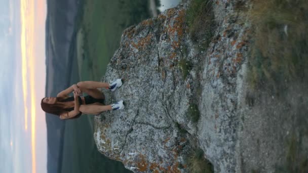 Female Tourist Sitting Top Rock Front Amazing Landscape Long Hair — 비디오