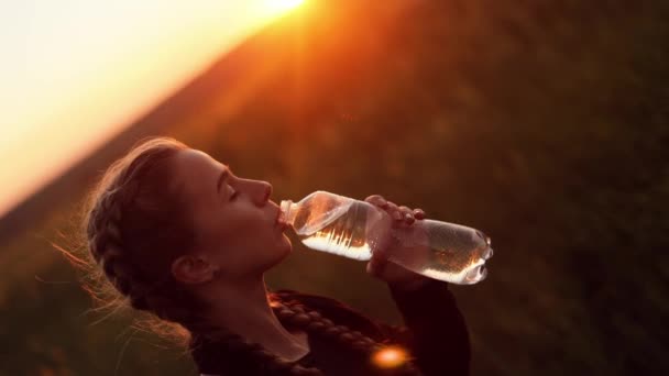Close Side View Young Pretty Girl Woman Drinking Water Bottle — Stock Video