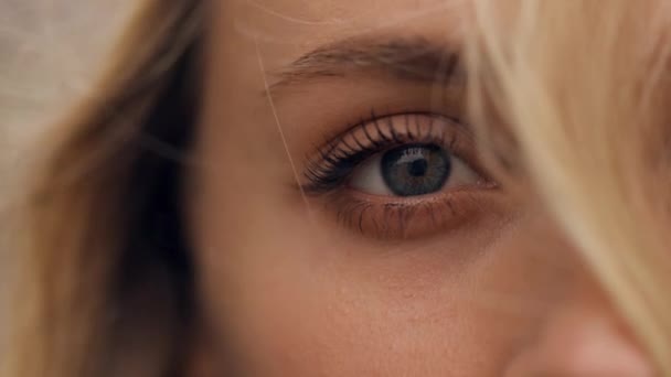 Sarı Saçlı Bir Kadının Mavi Gözünün Yakın Çekim Makrosu Rüzgarda — Stok video