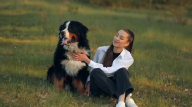 Bernese Dağ Köpeği (Bernese Dağ Köpeği) uzun saçlı genç kız çimenlerde oynarken güzel büyük köpeğine sarılır ve onu öper. Çocuklar ve evcil hayvanlar kavramı.