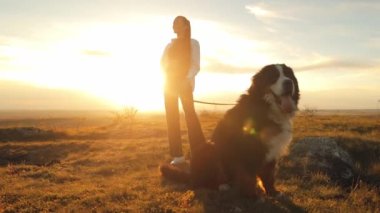 Bernese Dağ Köpeği (Bernese Dağ Köpeği) 4K Genç bir kadın tasmalı bir köpekle gün batımında dışarıda poz veriyor