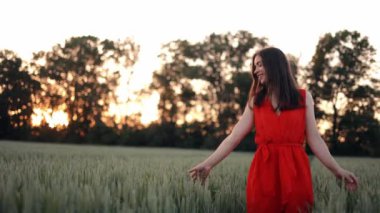 Romantik ve kaygısız genç kadın buğday tarlasında yürürken tatil sırasında kırsal alanda özgürlük ve barışın tadını çıkarıyor. İnanılmaz renkli bir gün batımı.