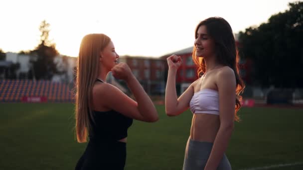 Zwei Freundinnen Begrüßen Sich Vor Beginn Des Mannschaftssporttrainings Stadion Mit — Stockvideo