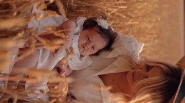 Yeni doğmuş bir bebek yaz buğday tarlasında annesinin kucağında yatıyor. Anne, bebeğin minik ellerine, anneliğine ve ailesine dokunuyor. Dikey video