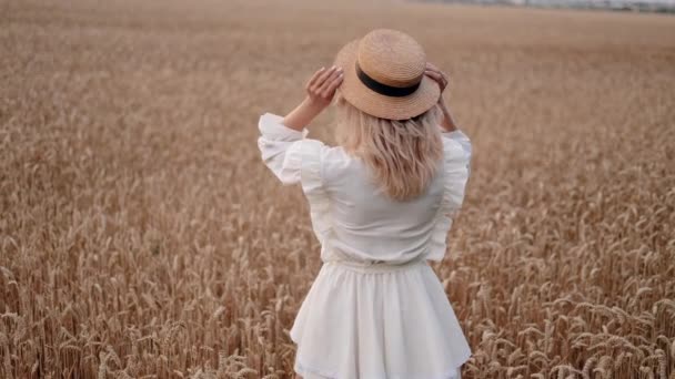 在阳光灿烂的日子里 一个金发碧眼的小女孩头戴草帽 带着迷人的笑容在金黄色的麦田里走着 转身对着摄像机的画像 — 图库视频影像