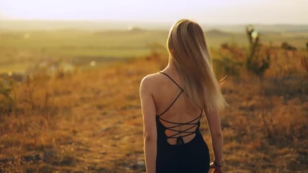 Die Kamera Folgt Einem Hübschen Mädchen Das Durch Ein Feld — Stockvideo