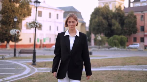 Attractive Modern Young Woman Formal Wear Looking Camera Street Confident — Stock Video
