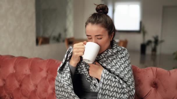 Sick woman sitting on sofa under warm blanket, coughing, having severe headache, fever and drinking hot tea at home. Unhealthy woman gets flu virus symptom, slow motion