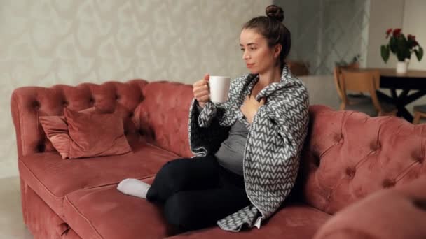 Evdeki Kanepede Otururken Sıcak Çay Kahve Yudumlayan Genç Bir Kadının — Stok video