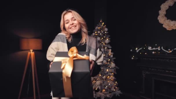 Happy Young Woman Holding Big Beautiful Christmas Gift Box Background — Stock Video