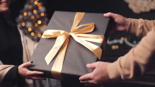 Close Male Hands Giving Gift Box Female Hands Woman Accepts — Stock Video