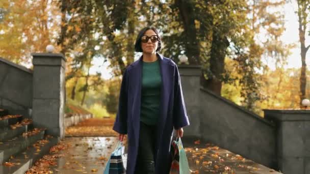 Merhaba November Şehir Parkında Sonbahar Sarısı Yaprakları Arasında Yürüyen Mavi — Stok video