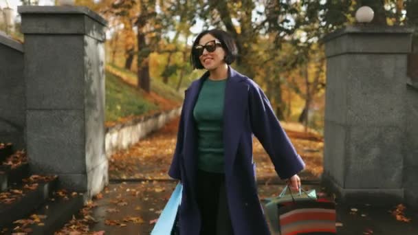 Parkta Soğuk Bir Sonbaharda Elinde Hediye Çantalarıyla Şehir Caddesinde Alışveriş — Stok video