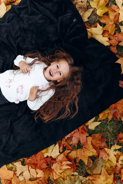 Parkta sonbahar yaprakları üzerinde battaniyeye uzanmış küçük bir kız kameraya bakıyor ve mutlu bir şekilde gülümsüyor, dışarıda eğleniyor, mutlu bir çocukluk geçiriyor.
