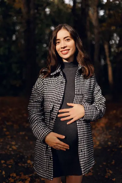 Sonbahar parkı ormanında durup karnını okşayan, içinde bebek olan güzel, hamile bir kadın. Sonbahar zamanı, kırmızı turuncu ve sarı yapraklar. Anne sevgisi, hamilelik kavramı.