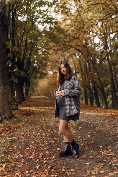 Güz parkında güzel, güzel, hamile bir kadın. Giyinik ve ceketli. Mutlu bir bebek bekliyor, mutlu bir an.