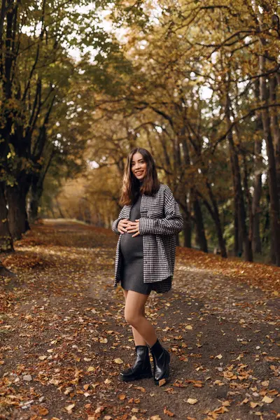 Güz parkında güzel, hamile bir kadın giyinmiş ve ceketini giymiş, mutlu bir bebek bekliyor, mutlu bir an, gülümsüyor ve karnına sarılıyor.