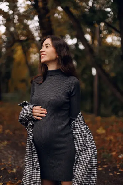 Güzel hamile bir kadın parkta kendini çok iyi hissediyor ve rahatlıyor. Annelik. Doğumhane. Sonbahar mevsimi.