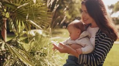 Genç, güzel anne kucağında bir çocuk tutuyor. Anne çocuk kadın konsepti. Anne ve oğlu parkta oynuyorlar. Bir anne parkta oynarken çocuğunu kollarında tutmaktadır. Bir çocuk çimenlerde oynuyor.