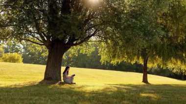 Genç kadın güneşin altında İncil okuyor, yavaş çekim, doğada ruhani an, dua, inanç, bağlılık, Hristiyan yaşam tarzı, huzurlu açık hava sahnesi, yaz çayırı