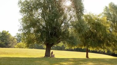 Genç bir kadın ağacın altında kitap veya İncil okuyor, yavaş çekim, huzurlu doğa anı, ruhani yaşam tarzı, rahatlama, farkındalık, güneş ışığı, açık hava yaz sahnesi.