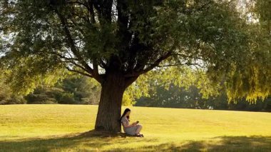 Dışarıda kitap ya da İncil okuyan genç bir kadın, bir ağacın altında çimlerde oturuyor, doğada dinleniyor, huzurlu bir an, ruhani yaşam tarzı kavramı..